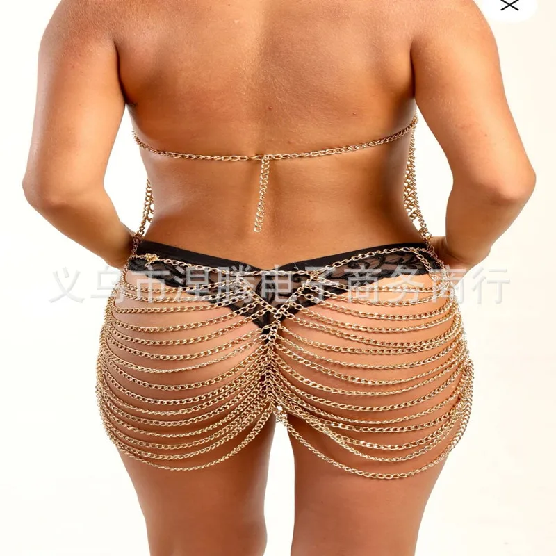 Sexy fun metal necklace waist chain, European and American fashion body chain split set, gol metallic black.