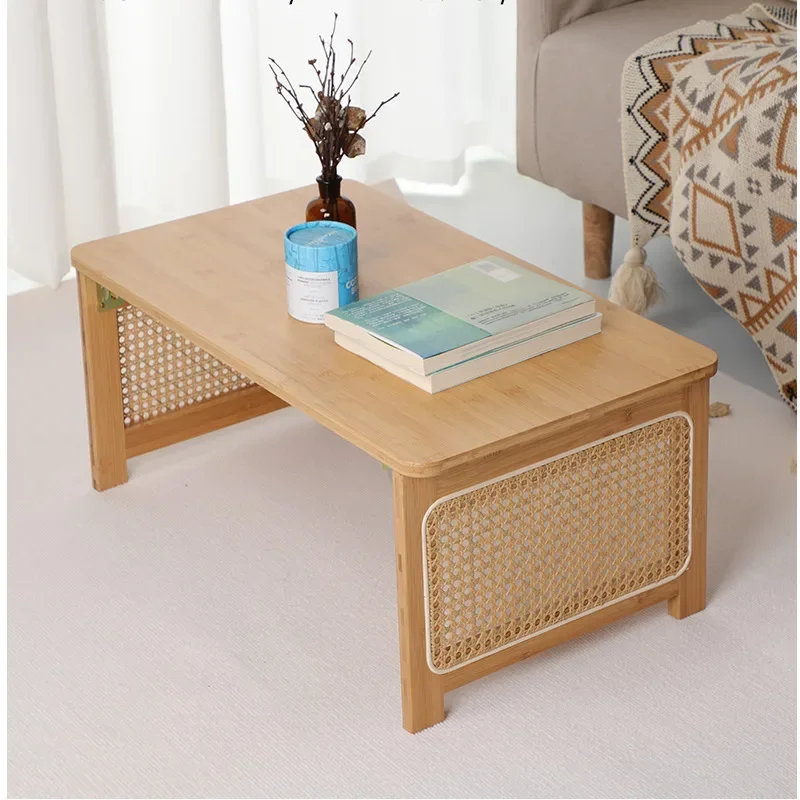 Japanese Style Bay Window Room Desk, Natural Bamboo Side Table Tatami Rattan Woven Coffee Table, Foldable Storage Home Furniture