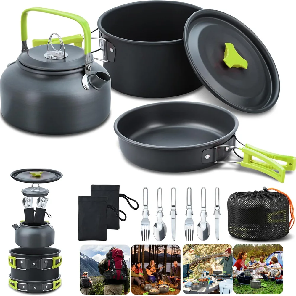 Outdoor-Camping-Kochgeschirr mit Topf, Pfanne, Wasserkessel, Besteck, tragbares, leichtes Geschirr mit Klappgriffen für Camping, Picknick, Wandern, Rucksackreisen (1-2 Personen)