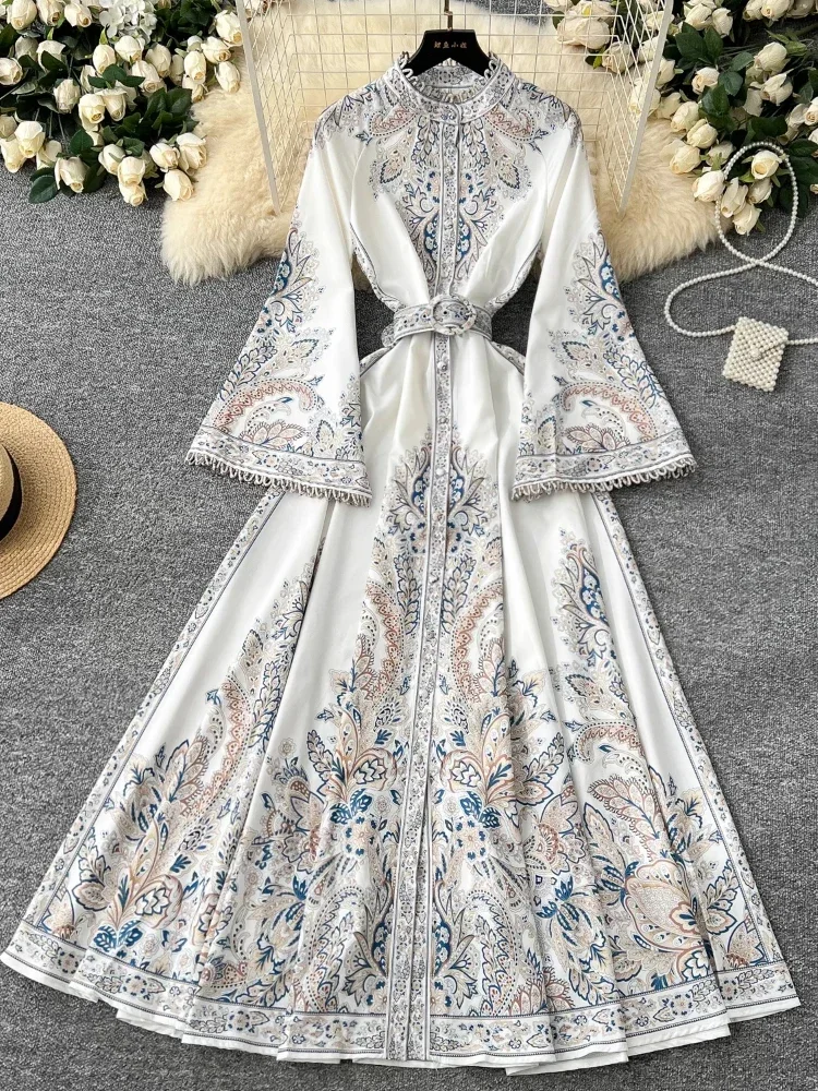 France Elegant Vintage Palace Evening Dress Women Print Sashes Hollow Out Long Party Dress Female Casual Holiday Clothing New