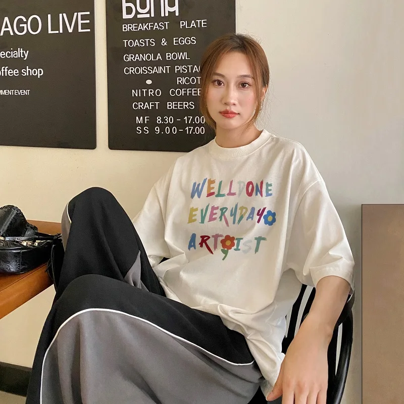 

2025 Fashion Colored Letter Print T-Shirt Women Creativity Summer Short Sleeve Oversized Casual Loose Oversized Round Neck Top