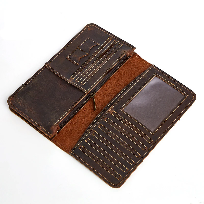 Genuine Leather Men's Long Wallet Vintage Male Clutch Bag Multi-Pocket Card Holder Purse Money Bag Mobile Phone Bags