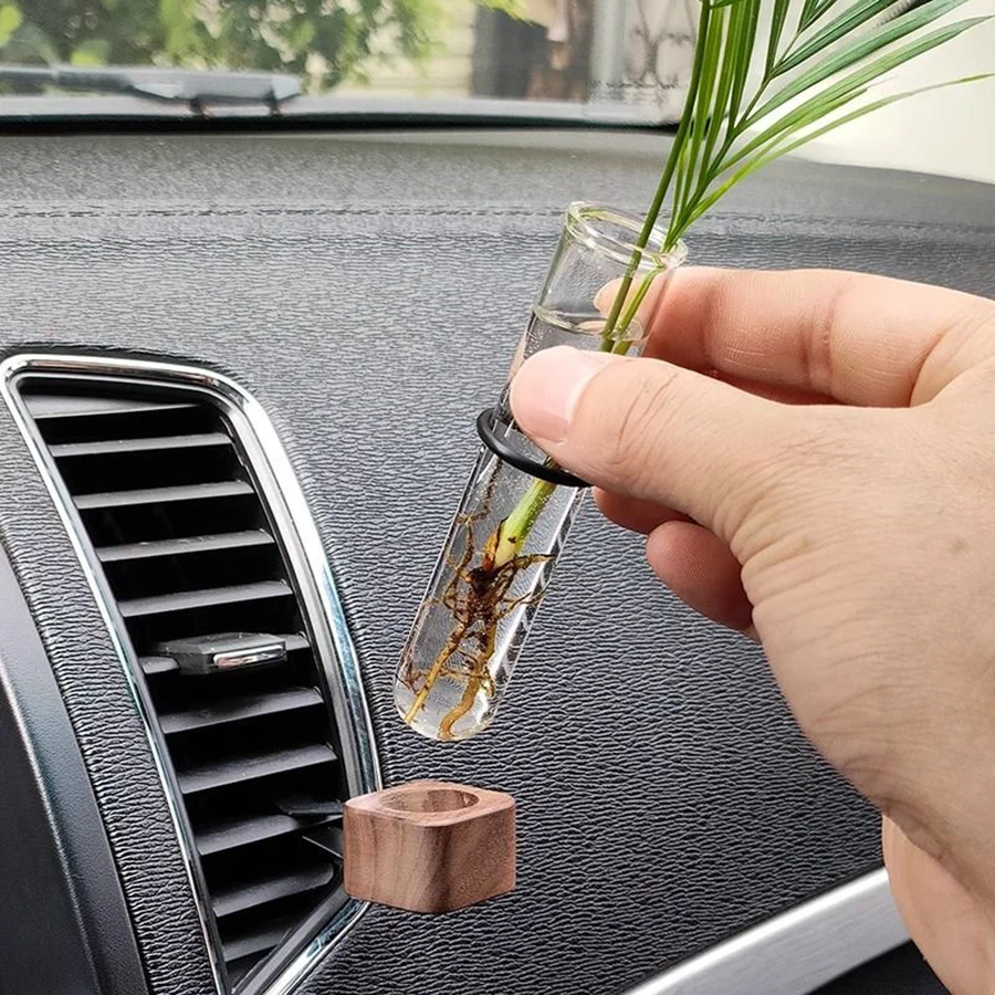 Stabile Mini-Auto-Blumenvase mit Clip, Elegante Verstellbare Auto-Lüftungsblumenvase aus Walnuss und Glas, Kreative Auto-Lüftungsdekoration für das Armaturenbrett