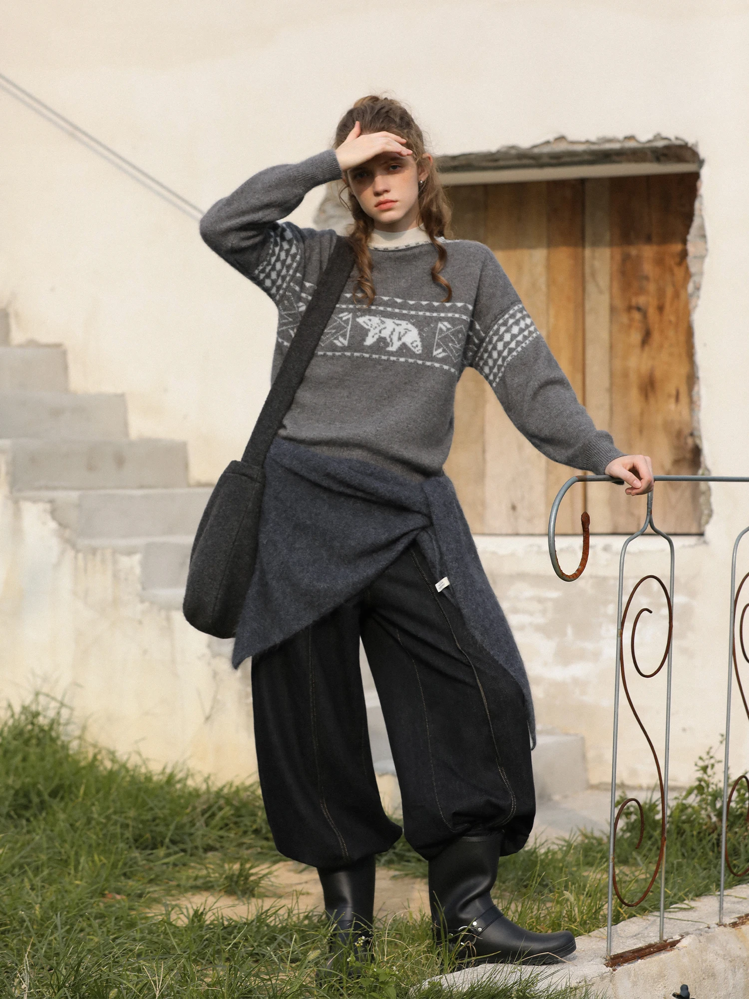 

MELLIIY Vintage round Ne Fair Isle Knitwear Women's Loose Fit Woolen Sweater Casual Sle Long Sve Knitted Top