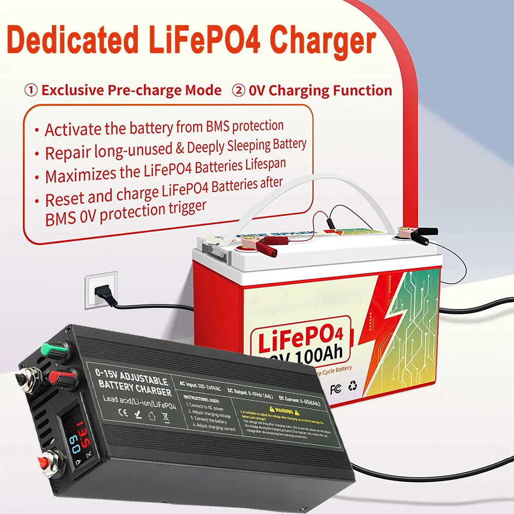 14.6V 100A Lifepo4 Charger Adjustable Battery Charger with LCD Display for Electric Scooter Motorcycle Golf Cart Ebike