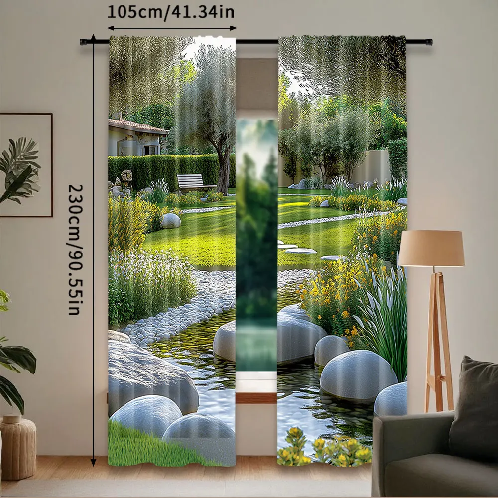 2Pcs Garden Curtains Japanese Park Style Recreational View With Pond Grass Stones And Trees Landscape For Bedroom Bathroom