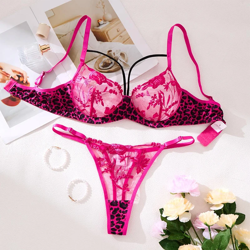 

Hot Lingerie Set Rose Red Sexy Underwear Mesh Splicing Leopard Erotic Sets Women Romantic Intimate Sexy Lingerie Three-Point Set