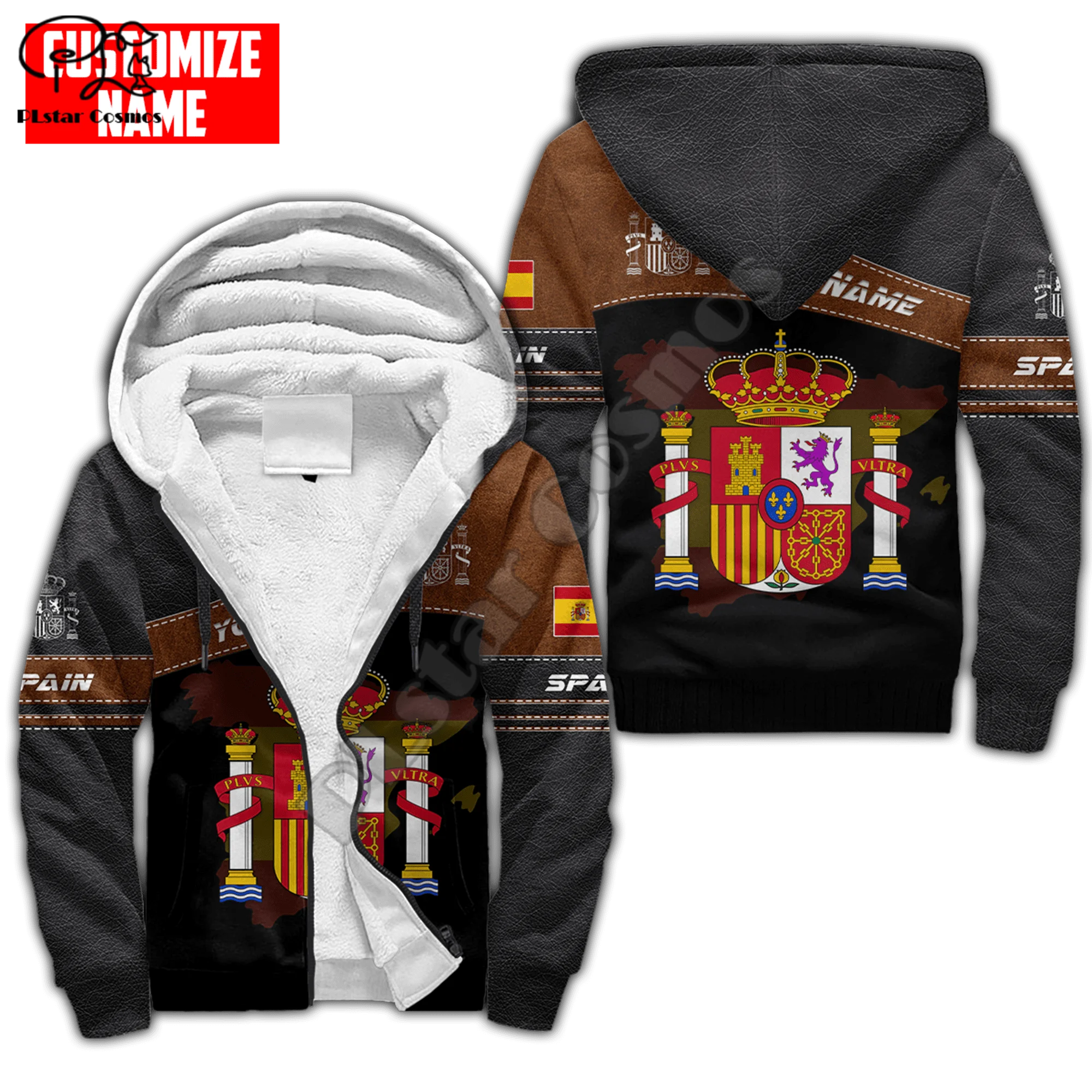 PLstar Cosmos-Sudadera con capucha para hombre, ropa de invierno con estampado 3D de emblema nacional de España, abrigo grueso con cremallera, chaqueta de lana, S25