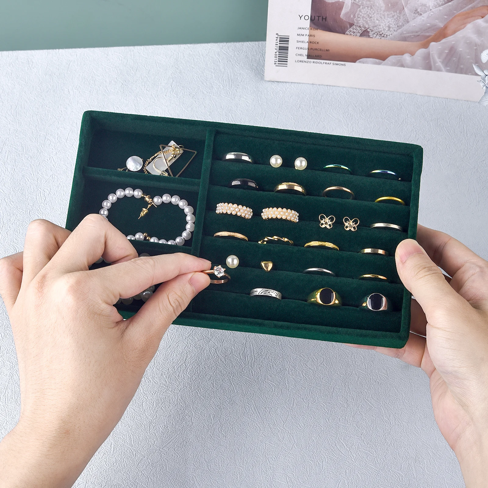 منظم المجوهرات السوداء علبة تخزين المجوهرات المخملية عرض حلقة سوار قلادة صندوق تخزين عرض درج منظم الصواني #2