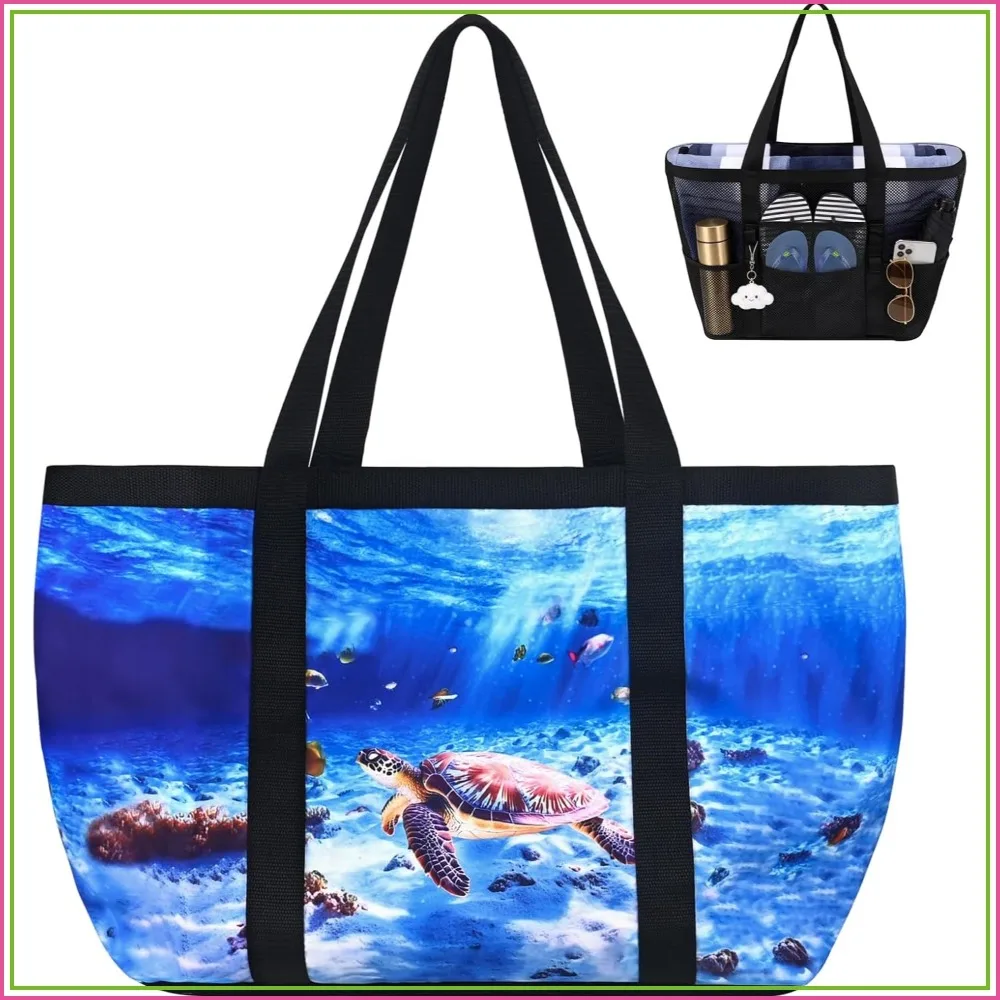 Large Mesh Beach Bag for Women, Sandproof Summer Tote with Sea Turtle Ocean Animal Print, Quick Sand Draining Pool Travel Essentials