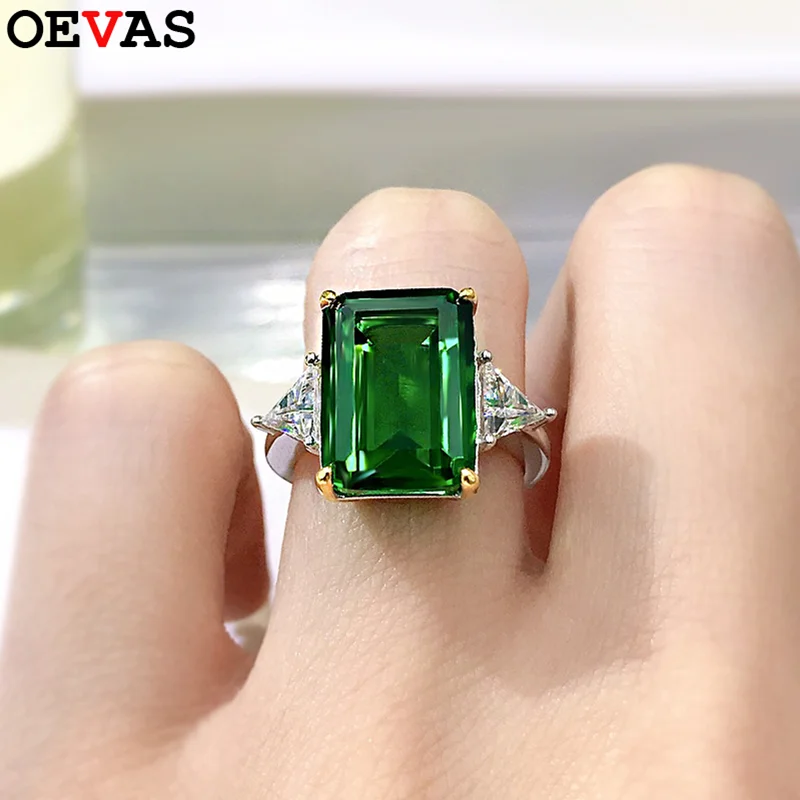 

OEVAS 100% 925 Sterling Silver Sparkling 10*14mm Emerald Cut Green Wedding Ring For Women High Carbon Diamond Fine Jewelry Gifts