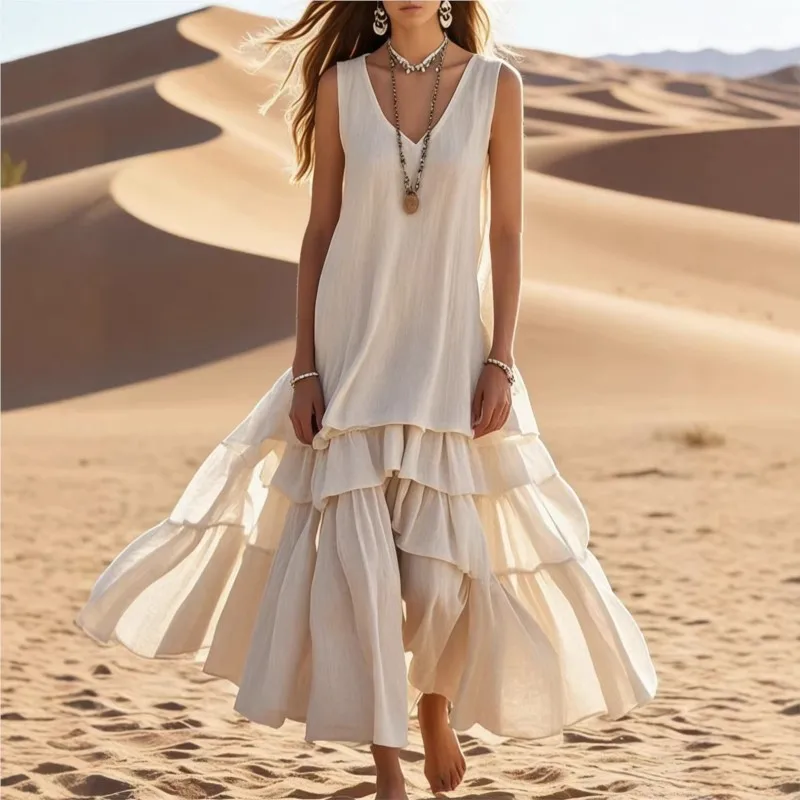 

Casual Solid Pleated Big Hem Long Dresses Woman Spring Fashion V Neck Loose Maxi Dress Summer Sleeveless Tank Boho Beach Dress