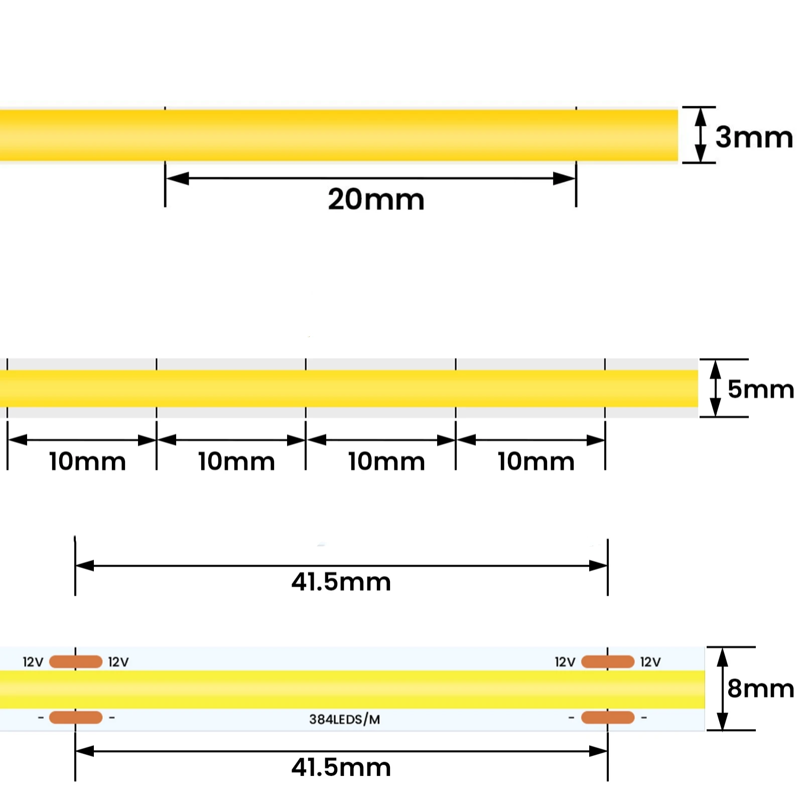 3mm 5mm 8mm paski przyciemniane światło LED PCB z drutem 2pin/DC żeński 12V 24V 384LEDs/M RA90 o wysokiej gęstości oświetlenie liniowe IP20