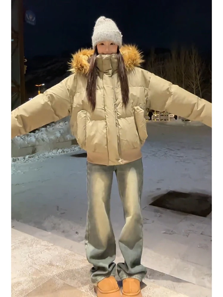 

American Style Short Thickened Cotton Jacket Women's Winter High-End Feeling Removable Fur Collar Cotton Coat Female