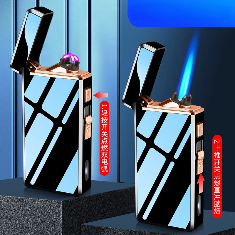 2023 New Gas Electric Double Fire Lighter, Windproof Metal Outdoor Arc Plasma Lighter, Can Add Gas Repeatedly, Gift for Men