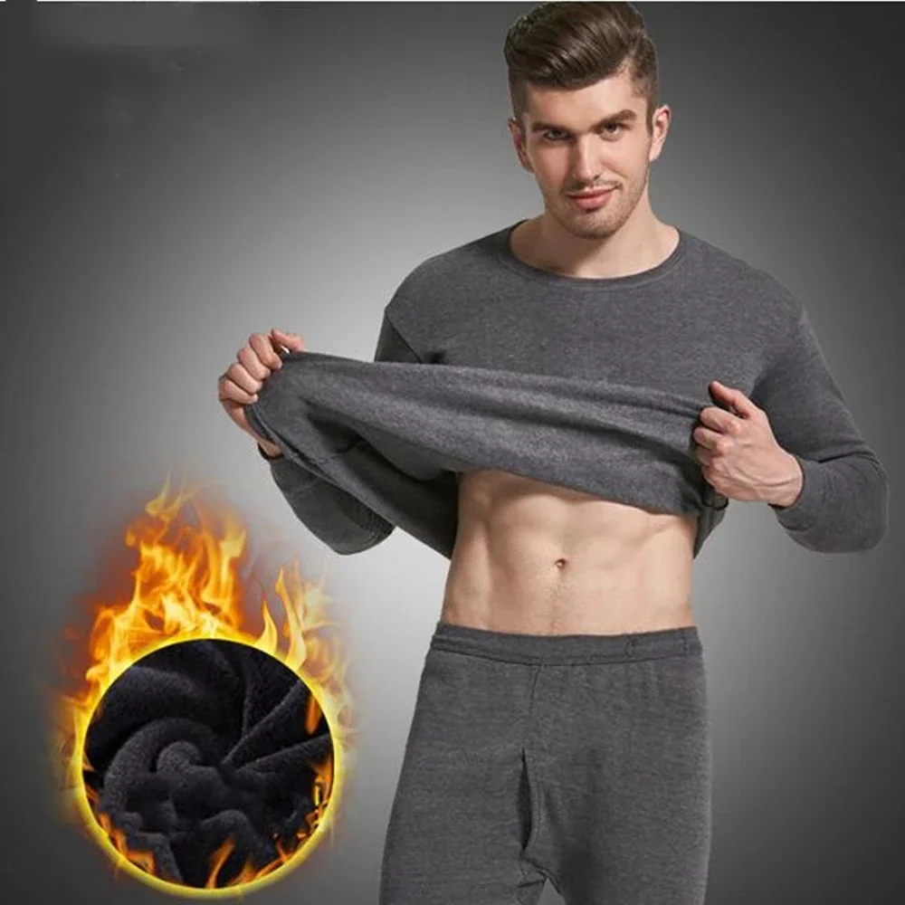 Winter Men Thermal Underwear Set Soft Cotton Fleece-lined Warm Panels Long Johns Top & Bottom Set Thermo Clothing Pajamas