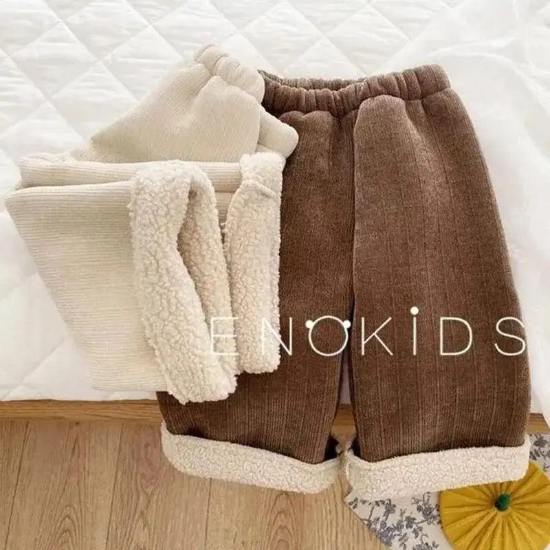 

girls' one-piece thick corduroy pants autumn and winter children's stylish lamb wool warm casual pants wide leg pants