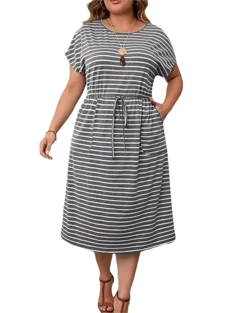 Plus Size Summer Striped Print Midi Dress Women Short Sleeve Casual Fashion Ladies Dresses Loose Pleated Ruffle Woman Dress