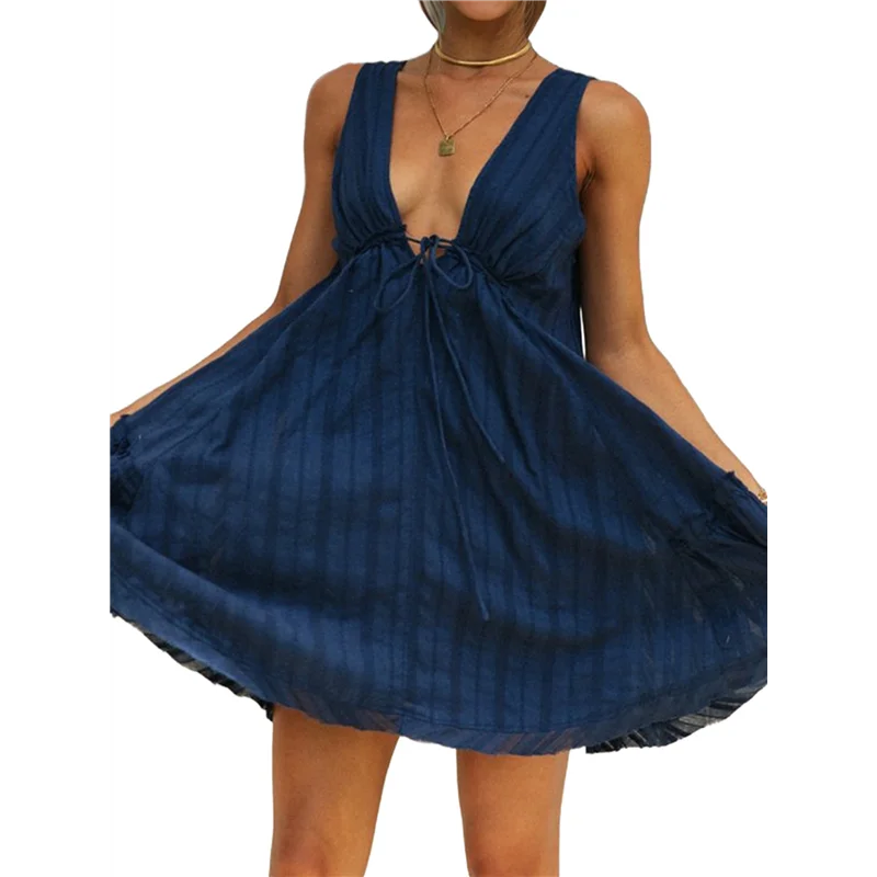 ABRT - Letnie sukienki mini bez rękawów z głębokim dekoltem w serek, warstwowe, rozkloszowane, z odkrytymi plecami, idealne na wyjścia, wakacje, w stylu boho.