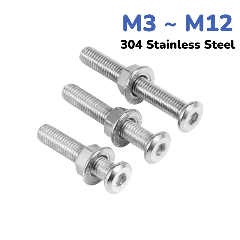 304 Stainless Steel M3 ~ M12 Hexagon Socket Head Flat Head Chamfered Screw Bolt Flange Nuts Set Length 3 ~ 120mm