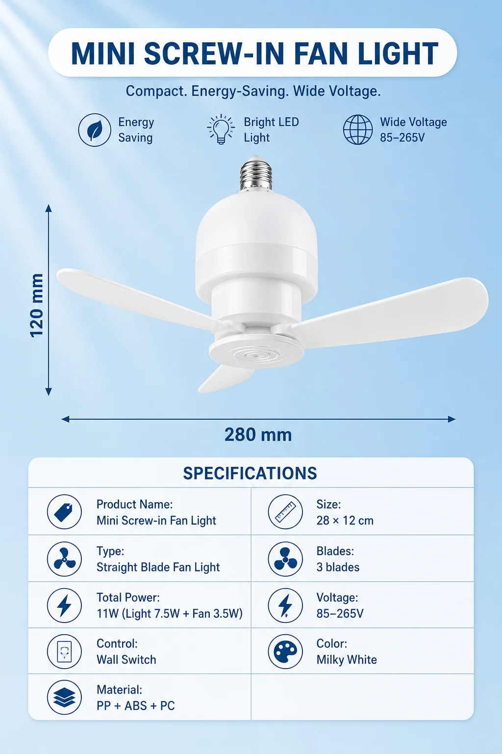 

Mini Screw Fan Light 11W, E27 Base Ceiling Fan Lamp 3 Blades, Wall Switch Control, 85-265V Wide Voltage for Home KitchenBedroom