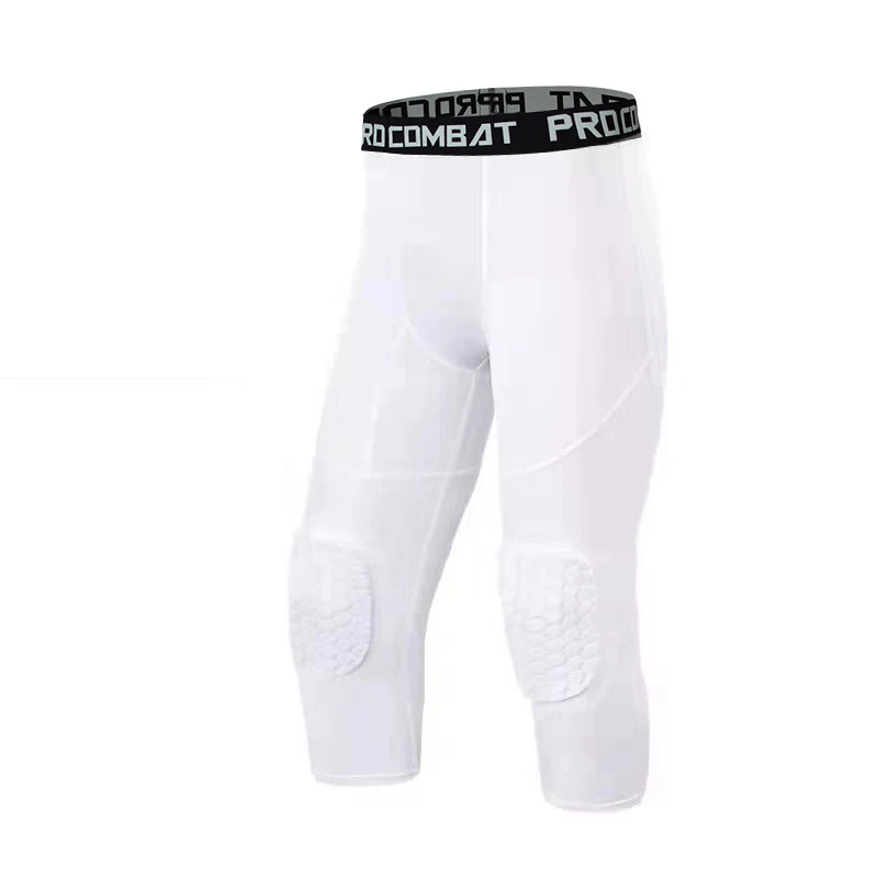 Men's Safety Anti-Collision Pants Basketball Training 3/4 Tights Leggings With Knee Pads Protector Sports Compression Trousers