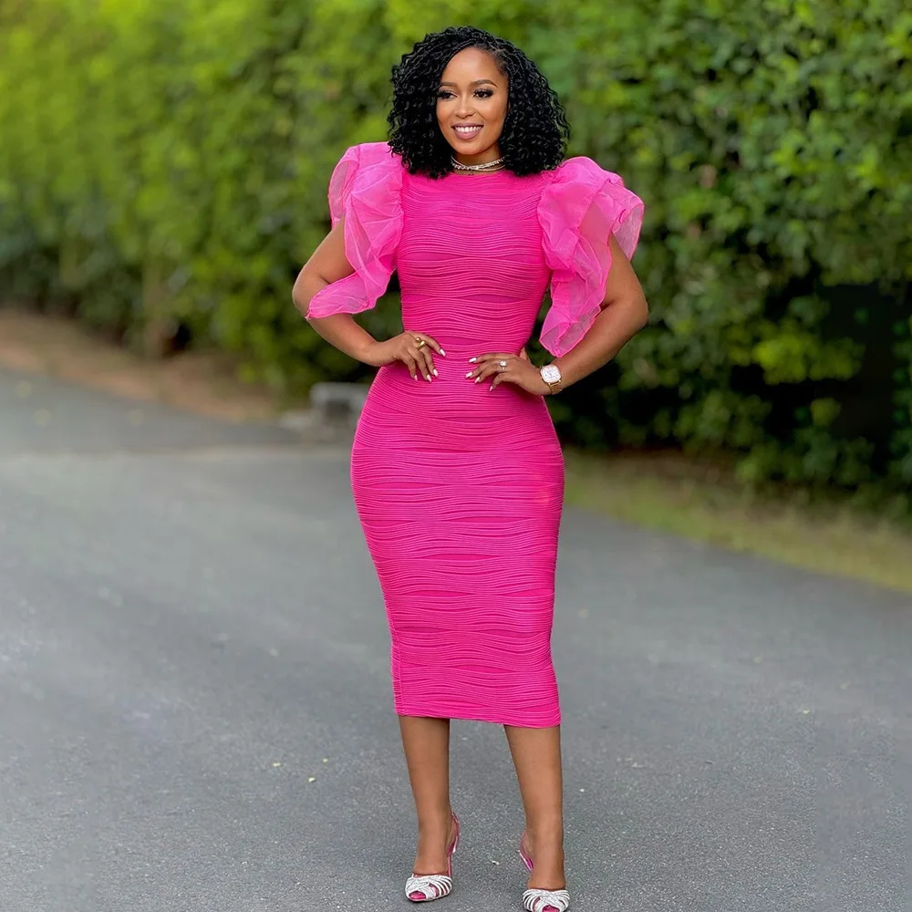 2026 Arrival Women's O Neck Mesh Ruffle Short Sleeve Solid Color Textured Ruched Bodycon Slim Elegant Dating Casual Midi Dress