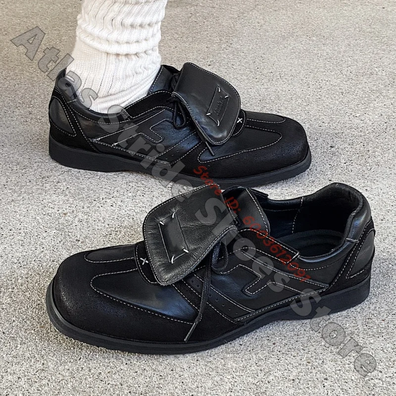Flip Leather Tongue Contrast Stitch Low Top Casual Shoes Mixed Matte Suede Smooth Leather Lace Up Flats Men/Women Causal Shoes