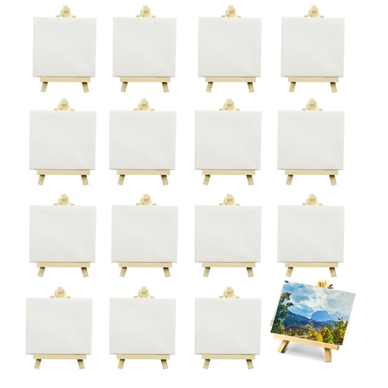 16Pcs 4 x 4Inch Mini Canvases with Easel Canvases for Kids Painting