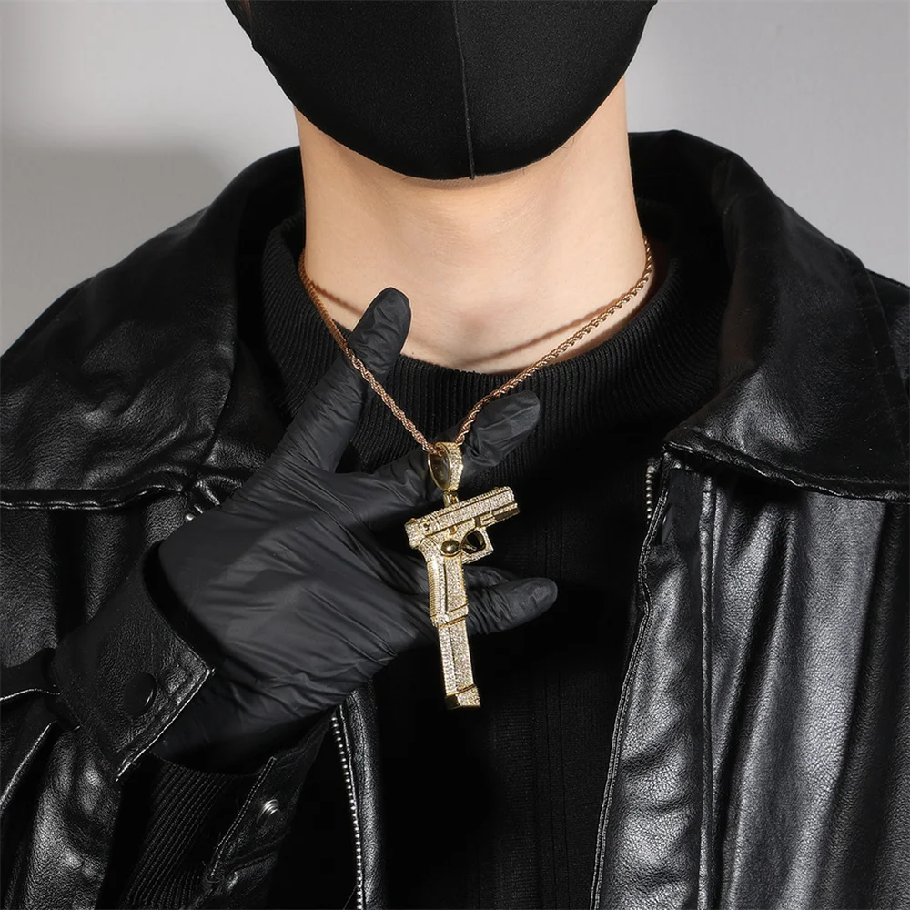 

Винтажное мужское ожерелье с подвеской в виде пистолета в стиле панк, крутой креативный аксессуар с инкрустацией цирконом в стиле хип-хоп и рэп