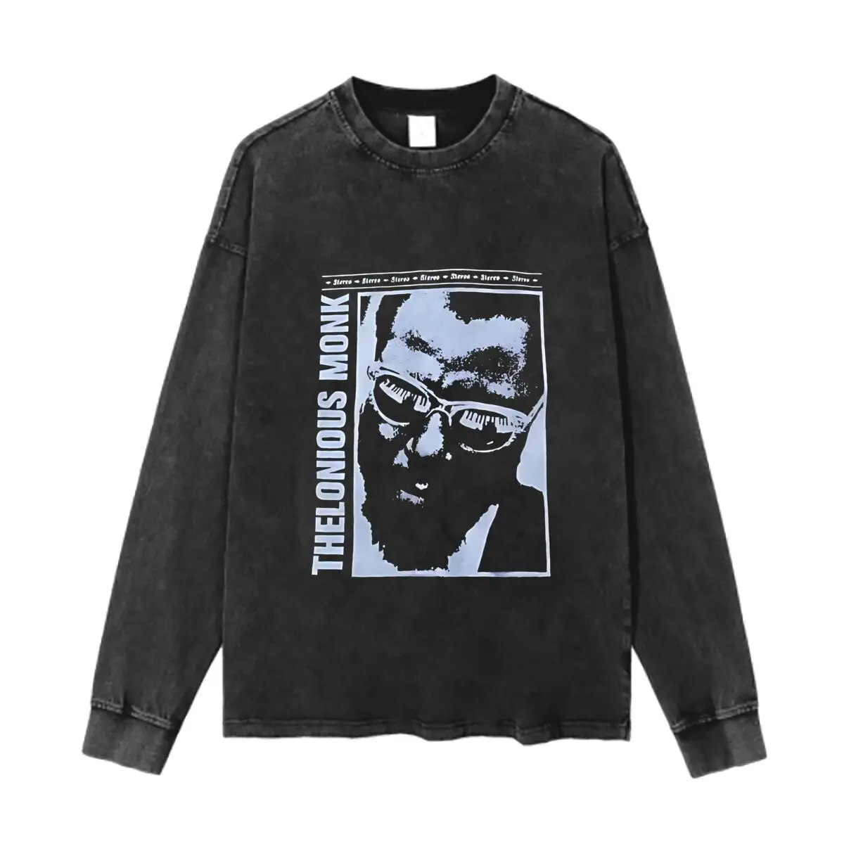 Thelonious Monk Camiseta de manga larga con cuello redondo vintage de algodón lavado con gráfico azul para hombres y mujeres