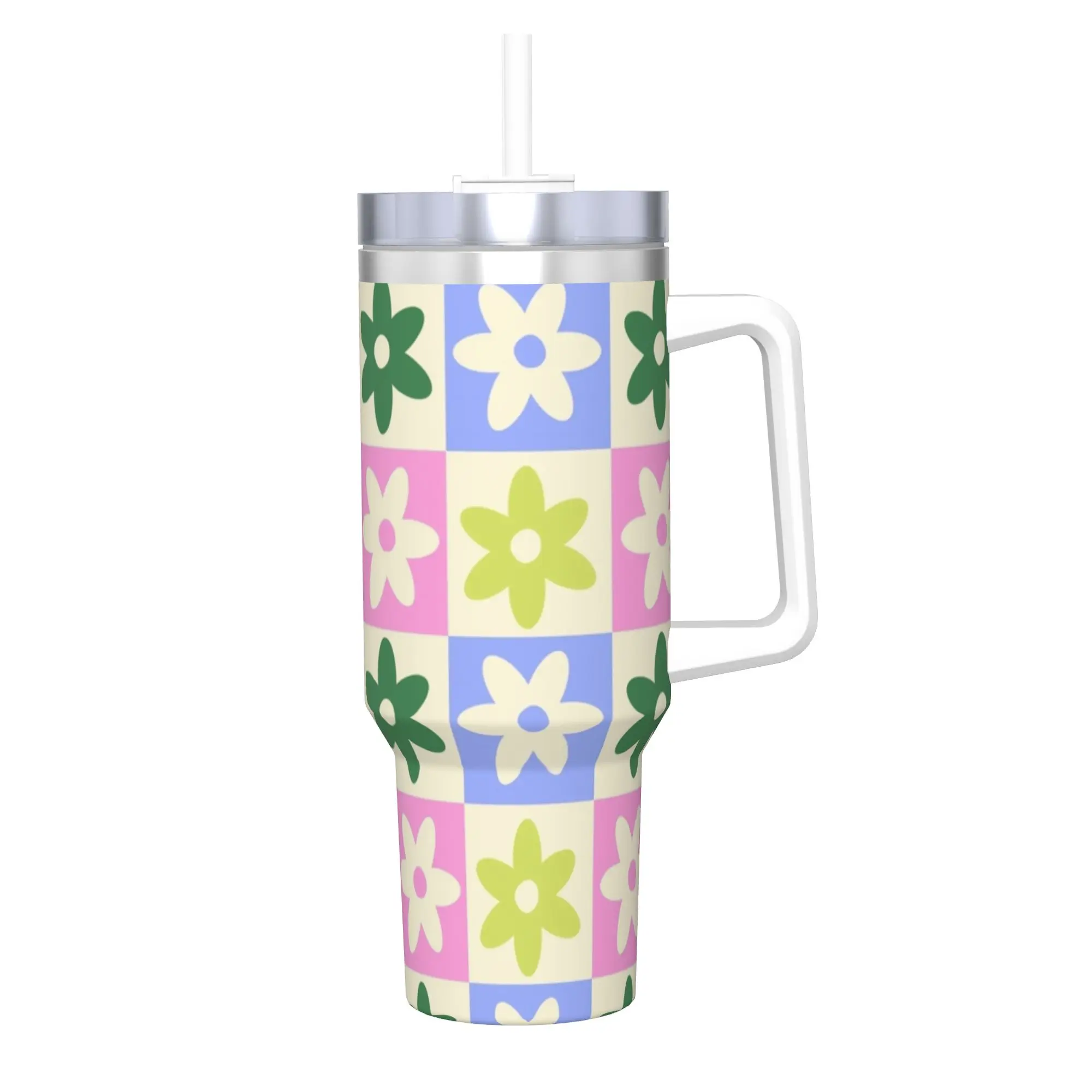 

Термокружка из нержавеющей стали с пастельным цветочным принтом и узором в клетку, герметичная, для горячих напитков, дорожная бутылка для воды