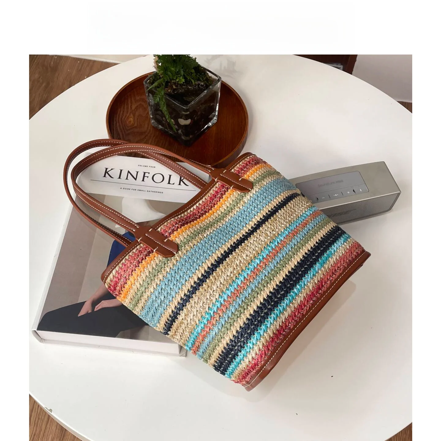 

CHICWIND Premium Rainbow Woven Tote Bag Beach Vaion Casual Handheld Underarm Women's Bag Soft Handle Contrast Color Elements