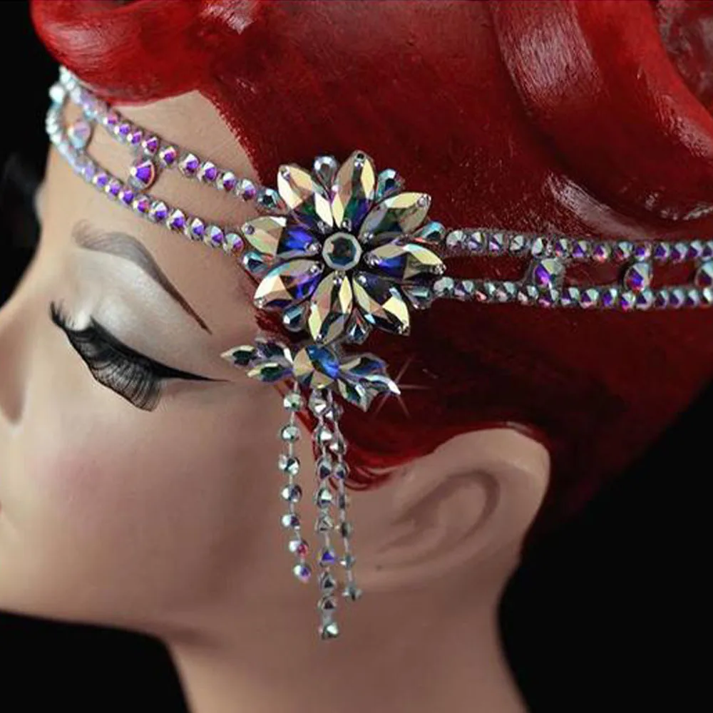 Stonefans Charm Flower Forehead Chain Belly Dance Women Latin Ornament Bling Tassel Pendant Crystal Ballroom Jewelry Performance