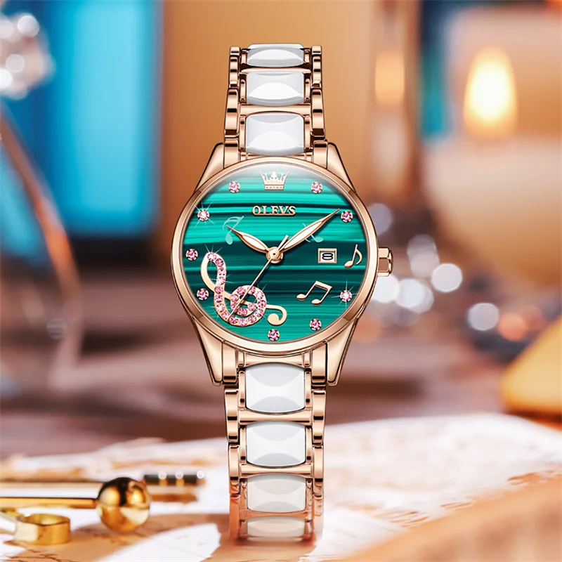 OLEVS Green Note Dial Fashion Quartz Watches Women Luxury Top Brand Ceramic Rhinestones Ladies Wrist Watch Relogio Feminino