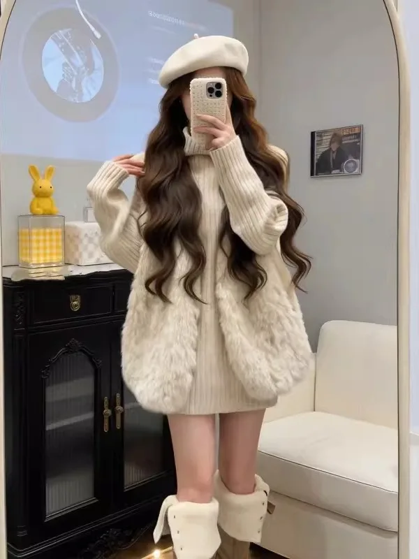 

Stunning Women's High Collar Furry Vest Jaet Set Beautiful Middleng Length Knitted Sweater Casual Sle Autumn Winter New A...