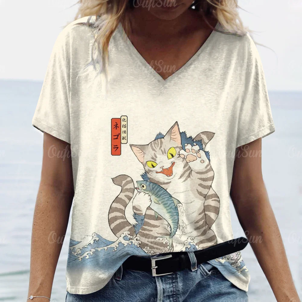 Cute Summer Clothing V-Neck Short Sleeve T-Shirts Plus Size T Shirt 3d Animals Printing Tops Casual Pullover Tee Women\'s Clothin