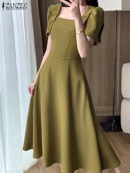 ZANZEA Women Elegant Evening Dress Vintage Square Collar Bowknot Long Dress 2024 Summer Waisted Vestidos Party Puff Sleeve Dress