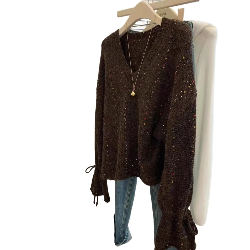 

Spring 2026 New Temperament Heavy Industry Sequined V-neck Lace-up Long-sleeved Knitted Sweater High-end Loose and Thin Top