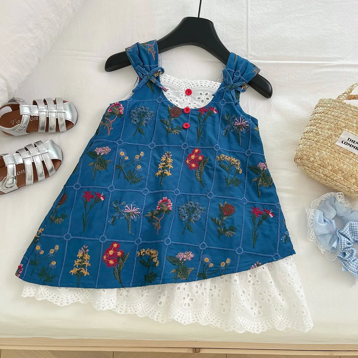 

New Korean Style Girls' Lace Printed Patchwork 2025 Summer Dress, Baby's Stylish Retro Vest Skirt