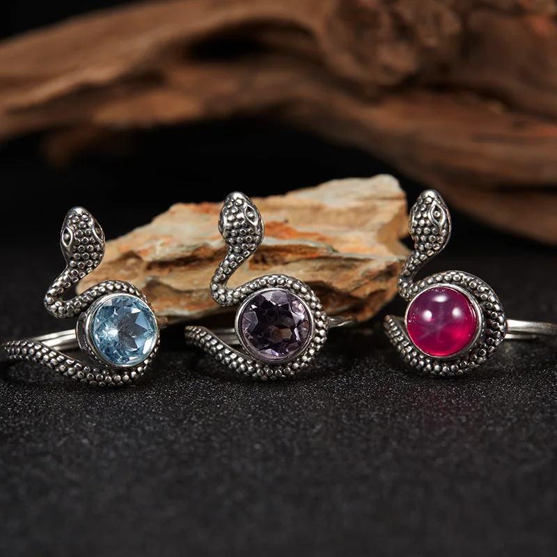 

S925Pure Silver Натуральный Аметист Топаз Кошачий Глаз Драгоценный Камень Тайское Серебряное Кольцо Форма Змеи Модное Индивидуальное Преувеличенное Открытое Кольцо