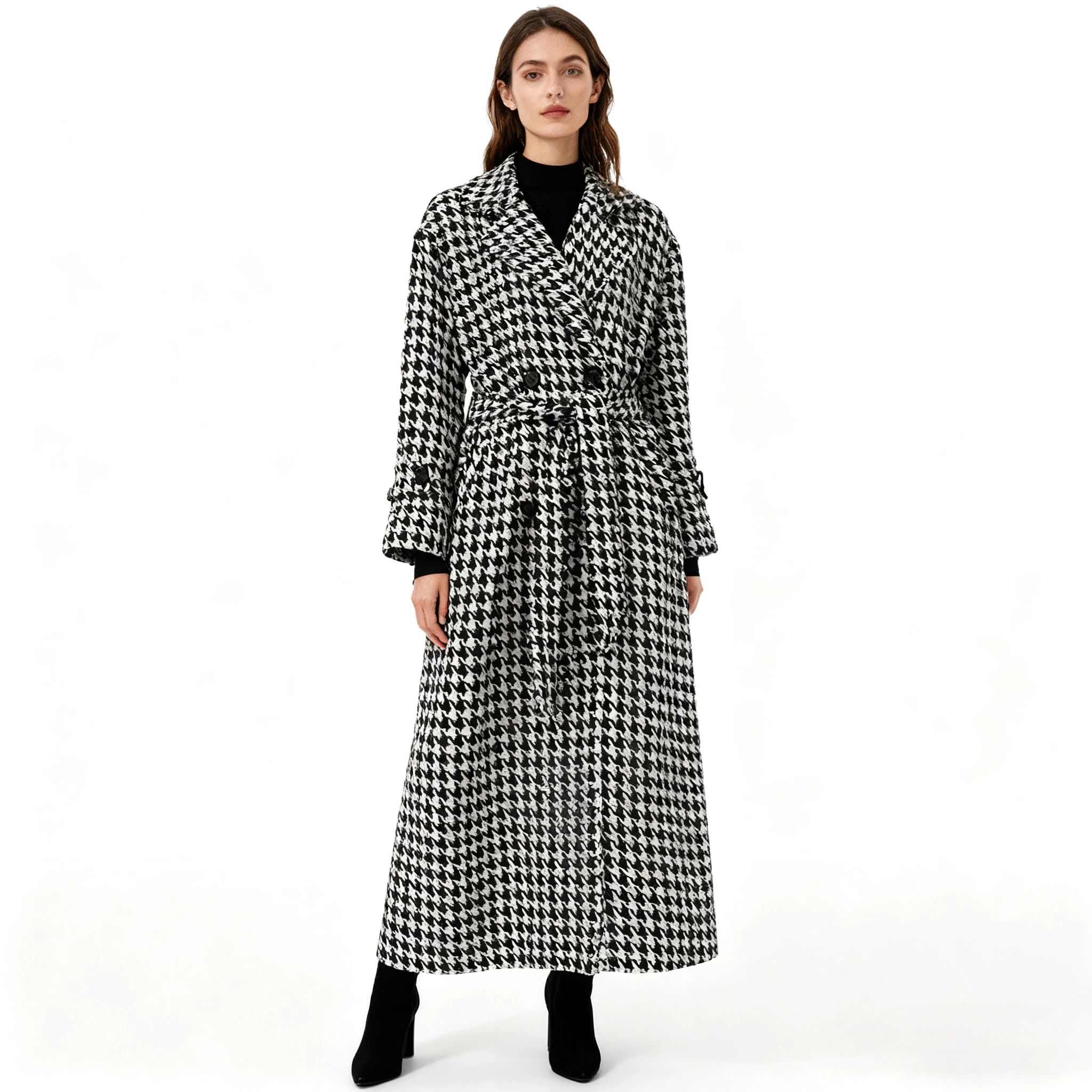 

Long Coat Women Coats Work Turn Down Collar Houndstooth Thick Work Trench Streetwear Elegant Jackets Open Stith Autumn Winter