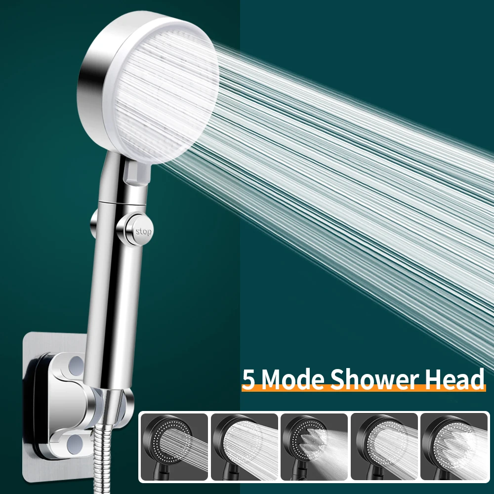 5 Mode Adjustable Shower Head High Pressure One-Key Stop Showerheads Hose Holder Water Saving Spray Nozzle Bathroom Accessories