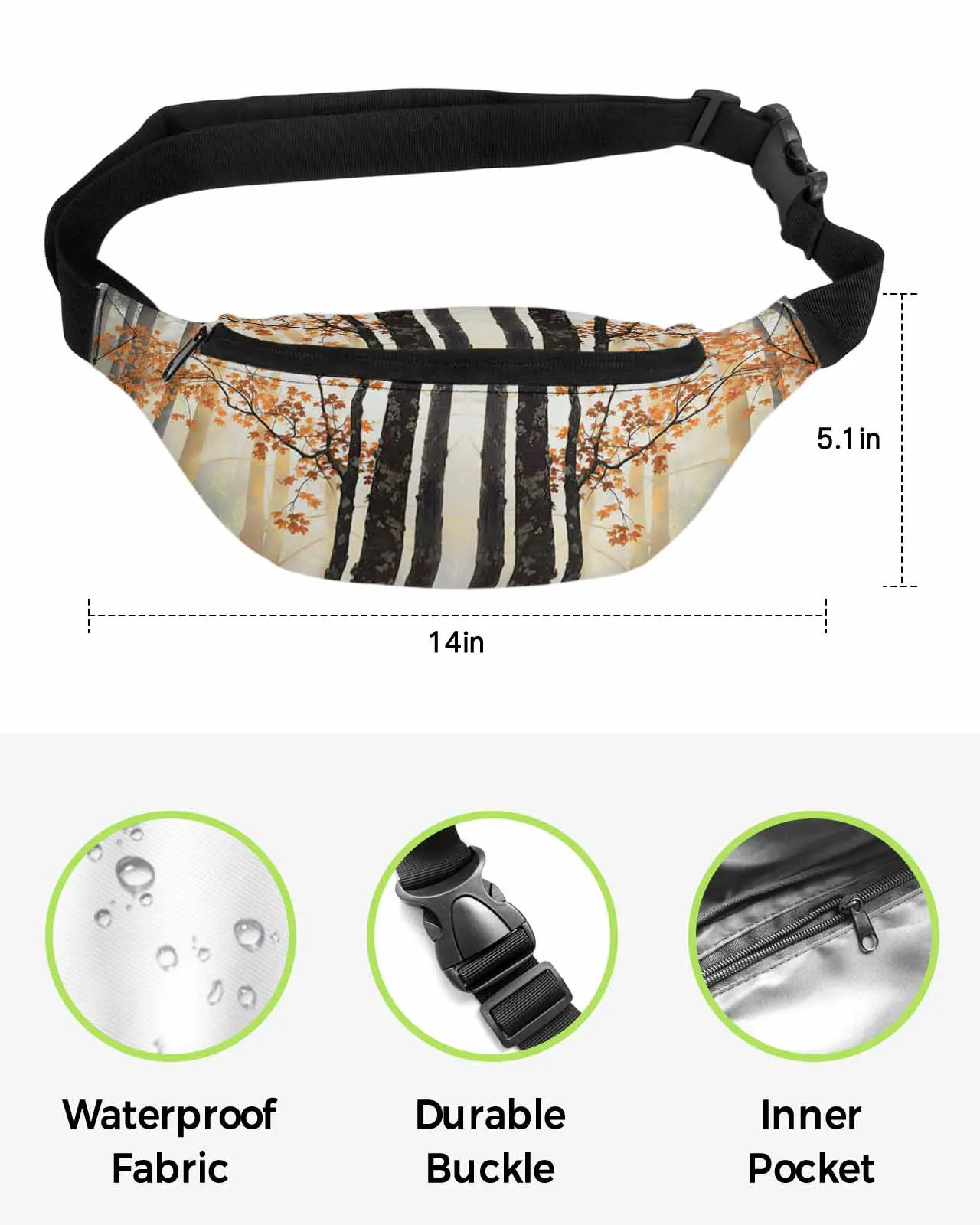 Saco de cintura impermeável para homens e mulheres, Fanny Pack, Belt Bag, Carteira, Banana Hip Bags, Árvore e planta Dingdar, Selva Leve