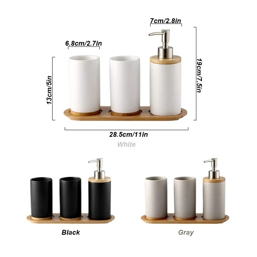 Ceramic Bathroom Accessories Set with Bamboo Tray for Bathroom Kitchen Countertop Includes Soap Dispenser Toothbrush Holder