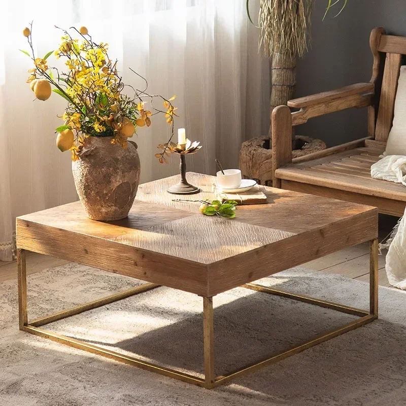 

Simple Retro Square Solid Wood Coffee Tables with Iron Legs Luxury Sofa Side Round Table Center Table for Living Room Furniture