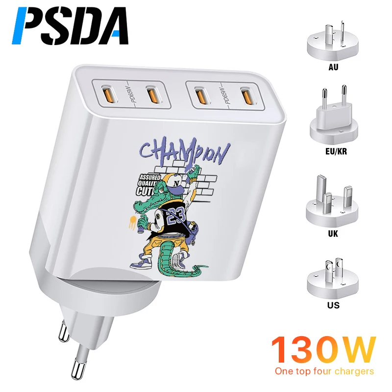 PSDA 3D GaN 130W Fast Charger 4-Port USB C Charging Station Double 65W Quick Charge Adapter for MacBook/Air iPad iPhone 14