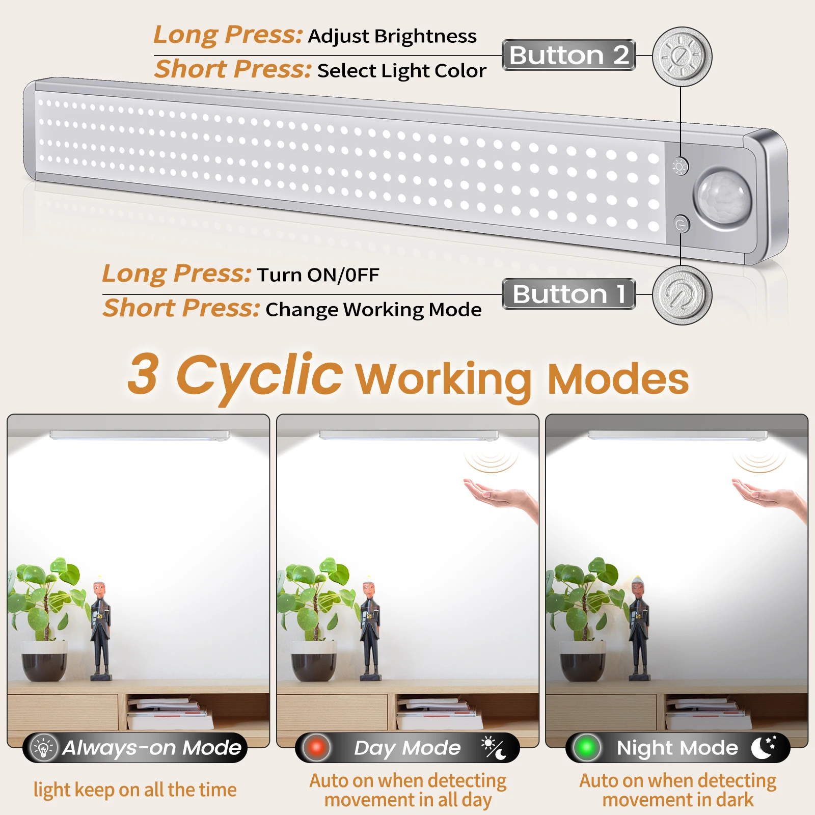 Luz conduzida da noite lâmpada recarregável com sensor de movimento luzes led cozinha sob móveis sem fio sensor movimento luz da noite