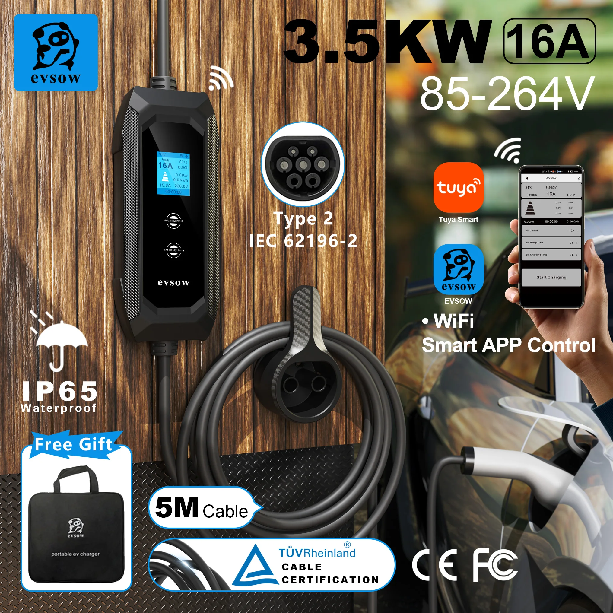 Evsow Type2 EV Charger พร้อม WIFI APP Control 3.5KW 16A 1P ไฟฟ้า Car Charger ปรับ Current & ชุดเวลาชาร์จสําหรับ EV รถ