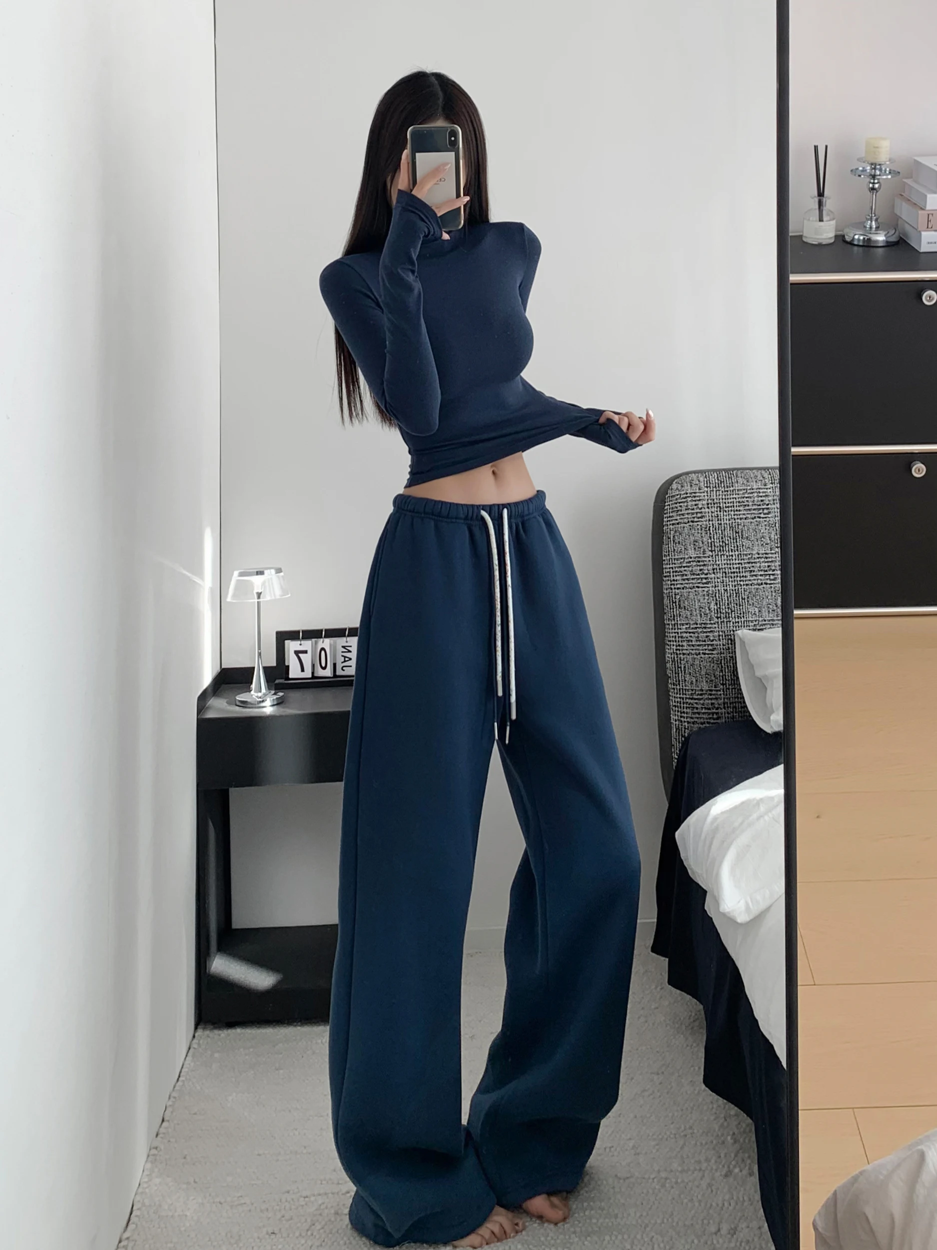 

Свободные длинные спортивные брюки с широкими штанинами и завязками, утепленные, удобные, прямого кроя, для высоких женщин, зимние, повседневные, из смесового хлопка